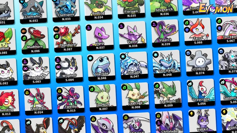 Official Evomon index artwork showing creature entries